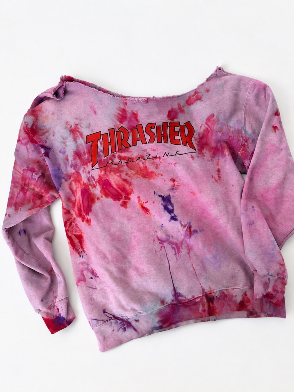 Thrasher Women's Off-Shoulder Tie-Dye Sweatshirt in Pink and Red